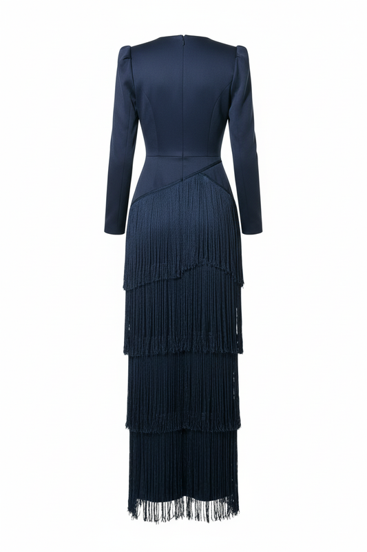 Vestido azul marino con flecos - vista trasera