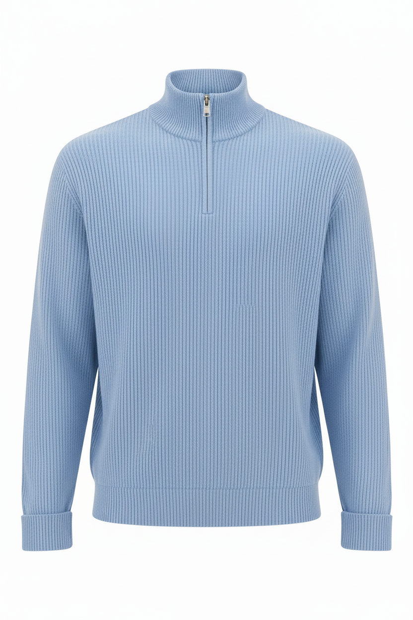 Jersey azul claro quarter-zip - fondo blanco ghost mannequin