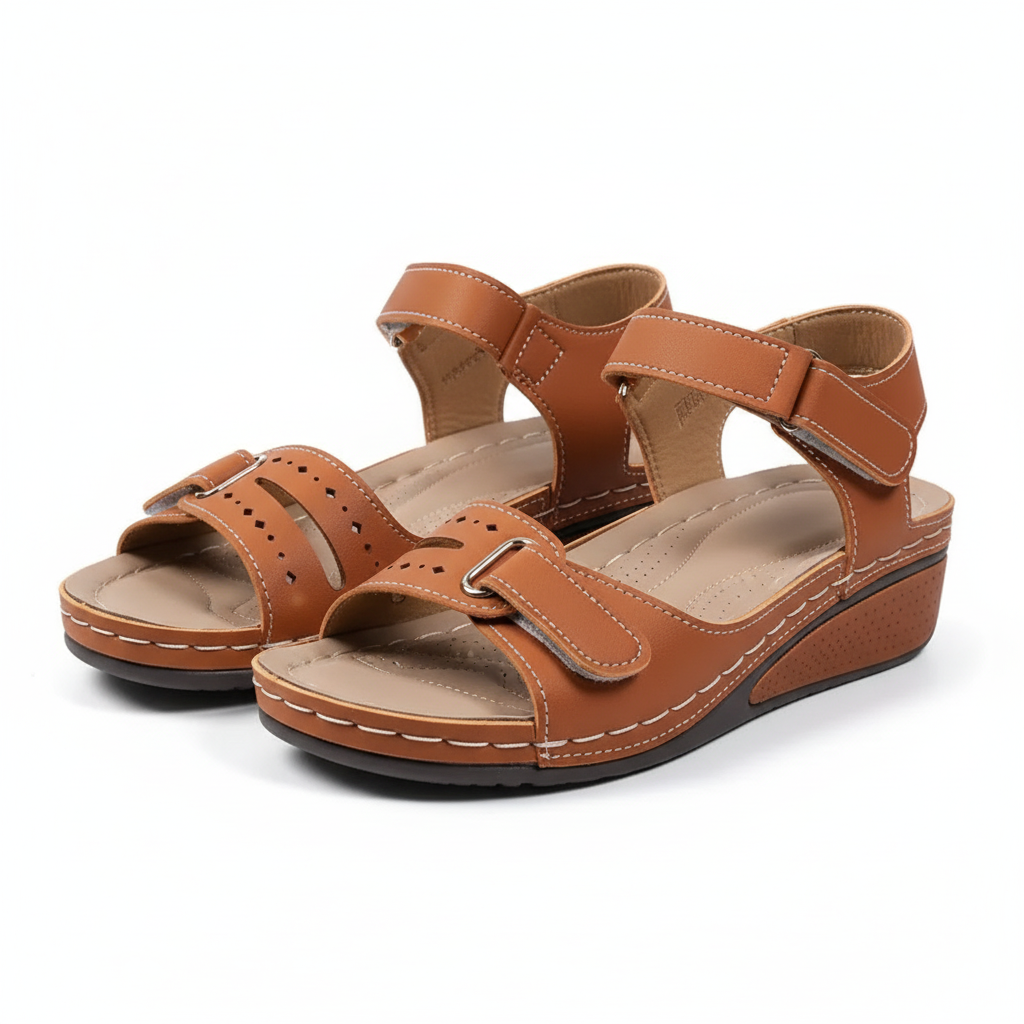 Sandalias marrones cuña - fondo blanco estudio