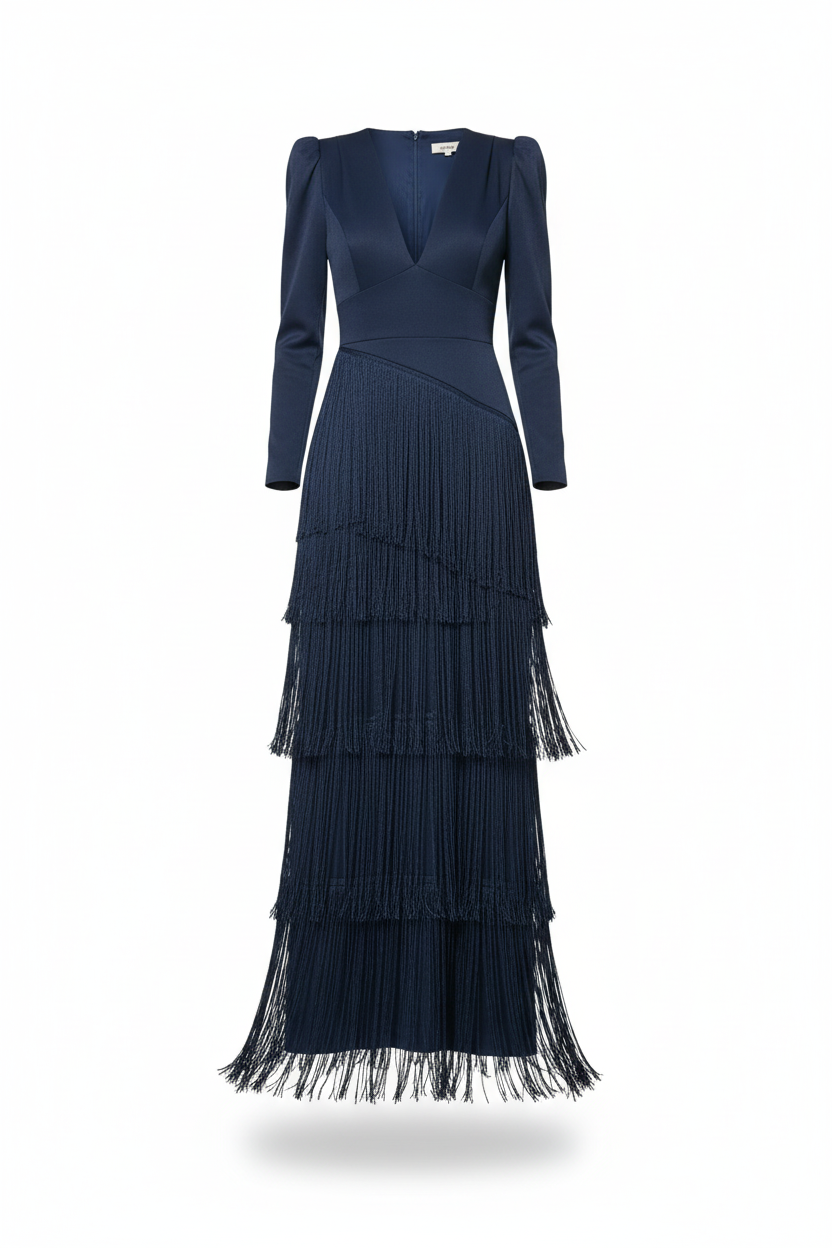 Vestido azul marino con flecos sin modelo