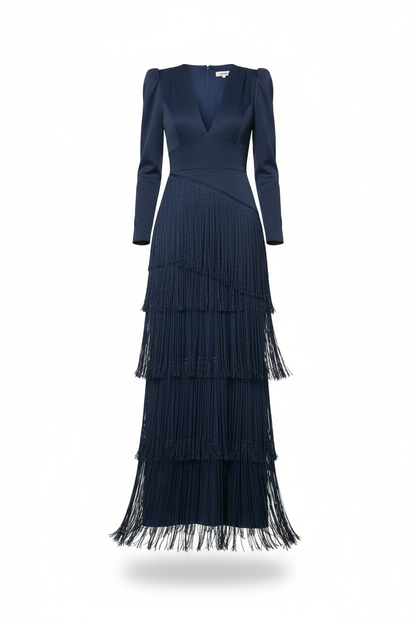Vestido azul marino con flecos sin modelo
