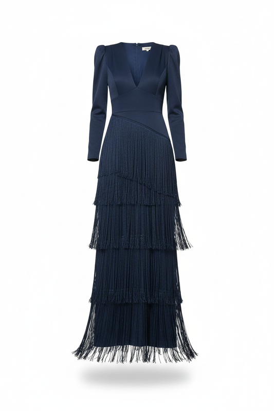 Vestido azul marino con flecos sin modelo