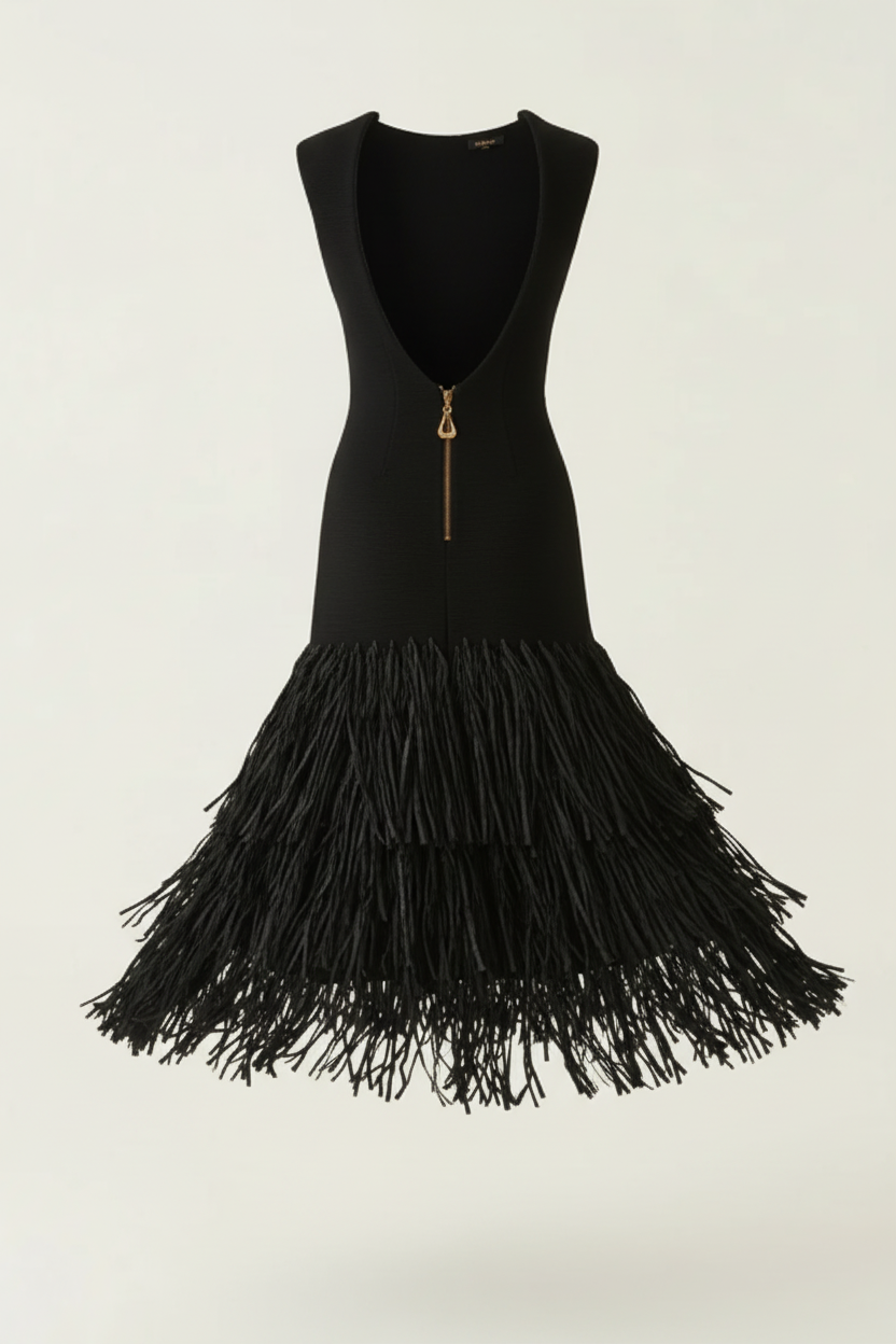 Vestido negro con flecos - vista trasera fondo blanco